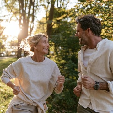 Happy middle-aged couple jogging together in sunny park during autumn afternoon enjoying outdoor exercise and quality time