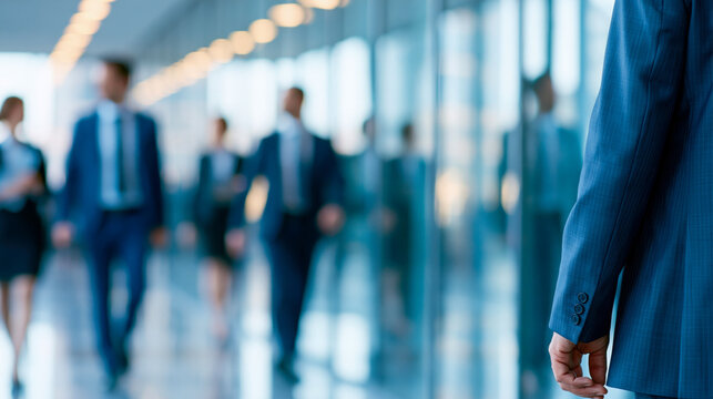 Business professionals walking in modern corporate office corridor with glass walls and blue tones