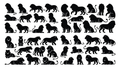 Obraz premium Multiple Black Lion Pride Silhouettes in Various Poses African Wildlife Vector Set.