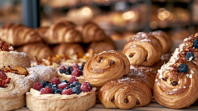 Assortment of fresh pastries and fruit tarts in bakery