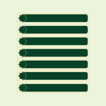 A set of dark green Islamic text banner labels with gold border accents and star motifs, isolated as a transparent illustration. Ideal for Ramadan, Eid Mubarak, and Islamic design templates.