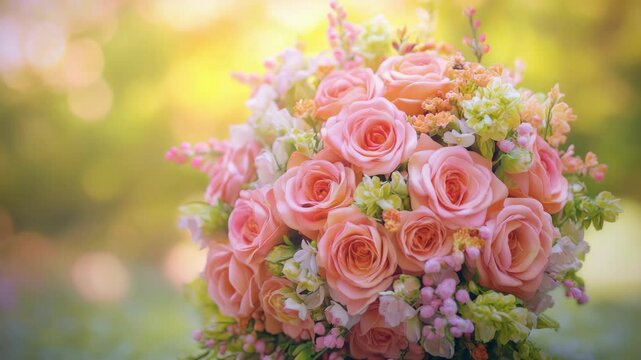 Close-up of a Peach and Pink Rose Bouquet with Soft Bokeh Background