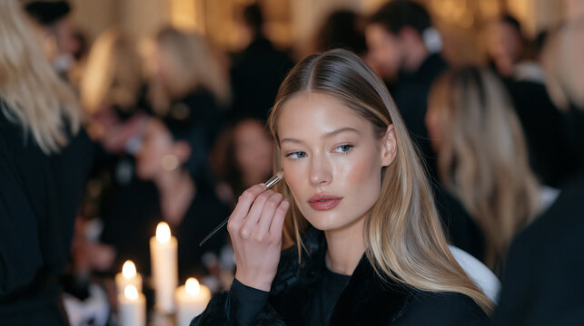 A makeup artist applies dramatic editorial pigment to a seated model in a candlelit backstage area, a crowd of stylists and assistants visible in the warm amber background, the