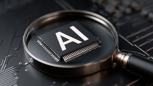 A magnifying glass examines an AI processor on a circuit board representing artificial intelligence hardware analysis and advanced computing
