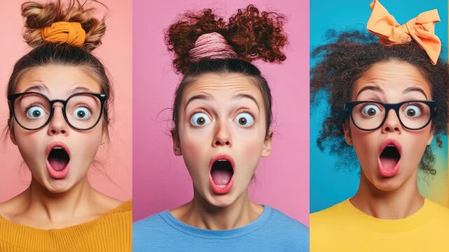 Three young women with shocked facial expressions and colorful hair accessories