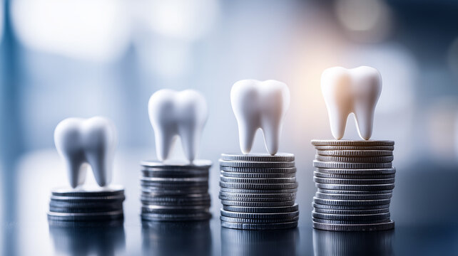 Dental teeth placed on rising stacks of coins represent treatment costs oral healthcare expenses and dental insurance planning
