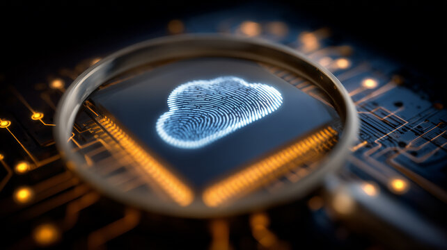 A magnifying glass examines a cloud shaped fingerprint on a microchip representing biometric authentication identity verification and digital security
