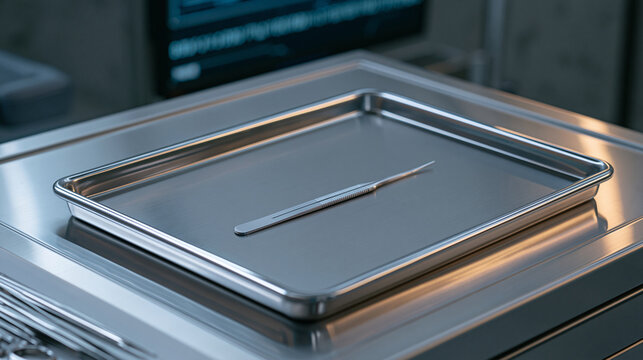 Dermatology clinic tray with single sterile treatment tool against industrial concrete background, extreme close up of medical instrument on brushed surface, binary code data