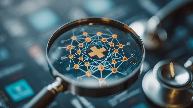 A magnifying glass examines a connected medical network beside a stethoscope representing digital healthcare analysis and medical technology
