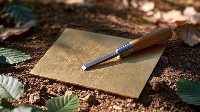 A steel engraving burin rests on a freshly incised brass plate in dappled natural forest light, the solitary close detail of the tool and metal surface surrounded by woodland