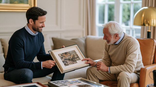 Print on demand designer showing elderly grandfather custom fabric swatch samples in luxury apartment interior, linen texture sample book open between generations, grandparent