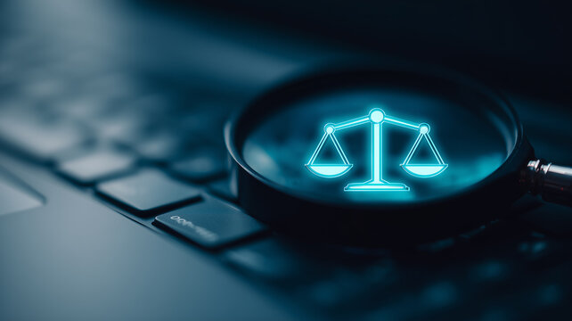 A magnifying glass highlights justice scales on a laptop representing legal investigation compliance research and technology regulation
