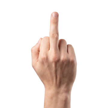 Hand showing the middle finger on white background