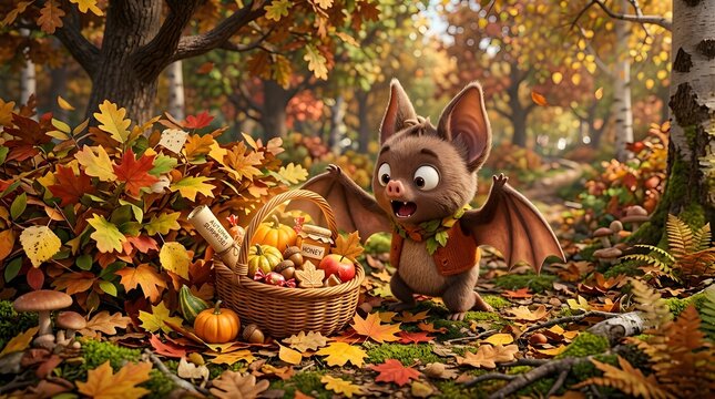 A cute little bat character playing in a magical autumn forest filled with colorful fallen leaves and mushrooms