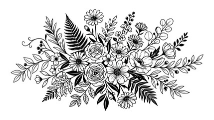Fototapeta premium Elegant Black and White Floral Arrangement: Roses, Daisies, Ferns