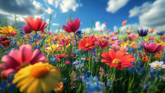 Vibrant Meadow of Colorful Blooming Wildflowers Under a Sunny Sky