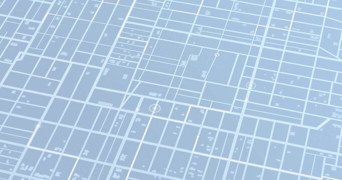 Isometric view of city map interface with glowing white navigation routes and location markers on light blue background