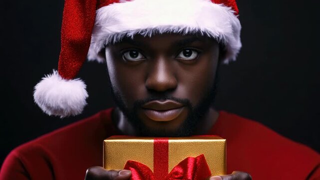 Smiling Black Man in Santa Hat Holding a Gold Gift Box