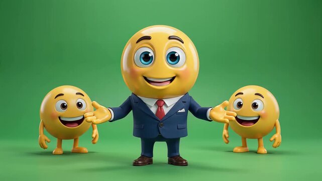 3d emoji business character gesturing and presenting with a team of peers