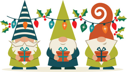 Naklejka premium Three cute christmas gnomes holding wrapped gifts standing together under a string of festive colorful holiday lights and holly