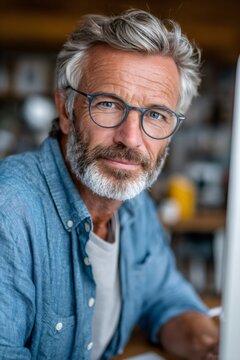 Senior man with grey hair and beard wearing glasses