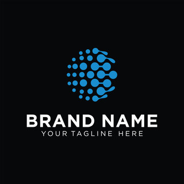 Blue circular sphere logo made of a halftone dot array representing a global network on a dark background.