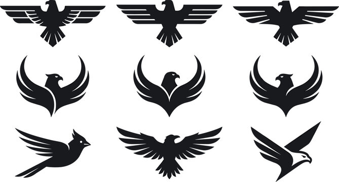 Black eagle bird logo icon set featuring hawk falcon heraldic emblem silhouette vector collection for branding