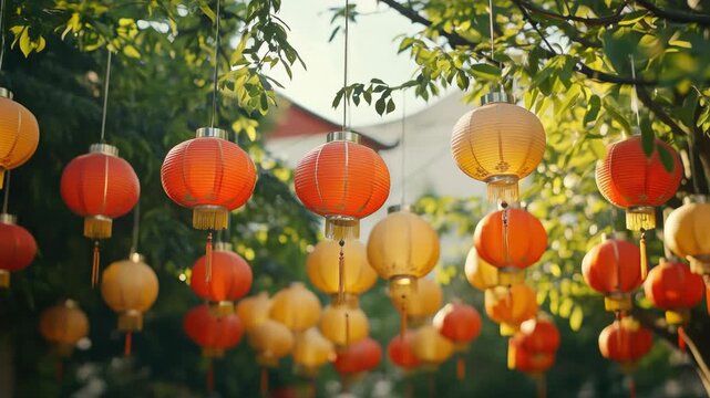 Red and Yellow Traditional Chinese Lanterns Hanging in a Tree