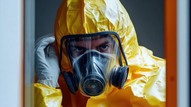 Person in Yellow Hazmat Suit and Gas Mask Behind Glass Barrier