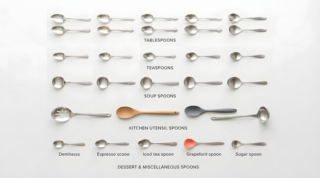 Professional collection of various spoons, labeled kitchen utensil set with tablespoons and teaspoons, stainless steel cutlery on white background