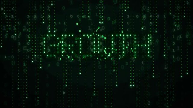 Digital matrix background with falling green binary code forming the word growth in center