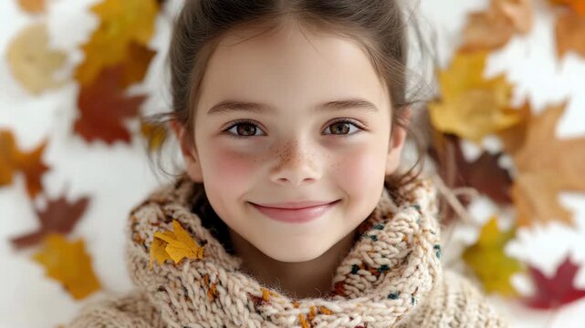 Portrait of a Smiling Girl with Freckles in a Knit Scarf and Autumn Leaves