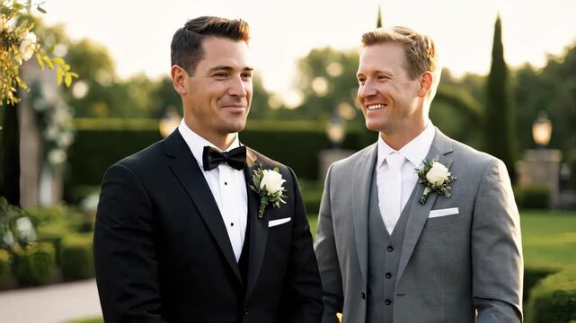 Groom and best man smiling and adjusting attire before the wedding. Friends sharing a joyful moment of preparation in an outdoor garden setting