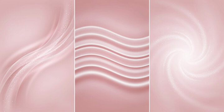 Three vertical panels featuring soft pastel pink wavy silk fabric texture and light swirls