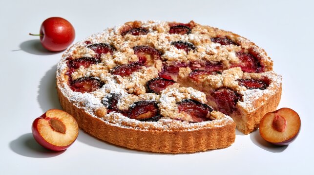 Plum crumble tart with powdered sugar and fresh fruit