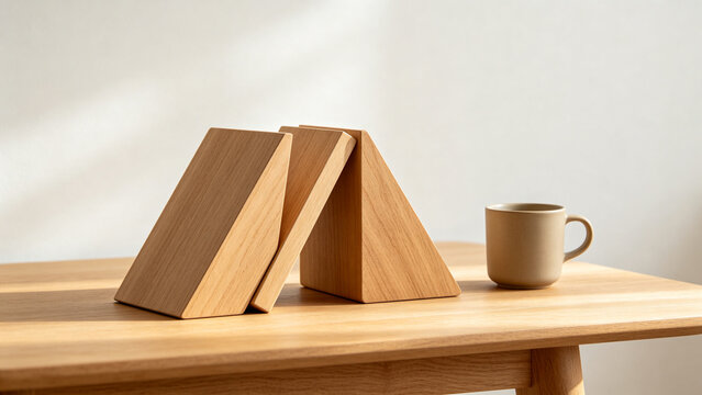 Two identical triangular bookends in row on oak desk with ceramic cup, minimalist desk organization concept