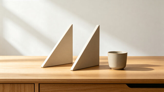 Two identical triangular bookends in row on oak desk with ceramic cup, minimalist desk organization concept