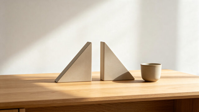 Two identical triangular bookends in row on oak desk with ceramic cup, minimalist desk organization concept