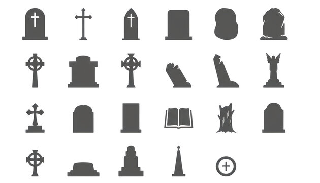 Minimal black cemetery icon set, grave and cross symbols, funeral memorial vector pictograms for UI and signage isolated PNG with Transparent Background