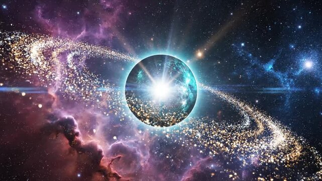 A bright glowing planet inside deep space nebula