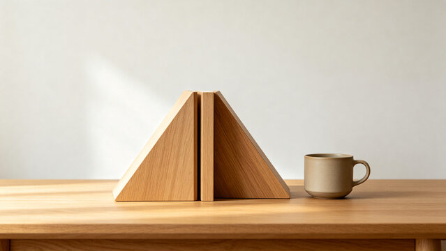 Two identical triangular bookends in row on oak desk with ceramic cup, minimalist desk organization concept