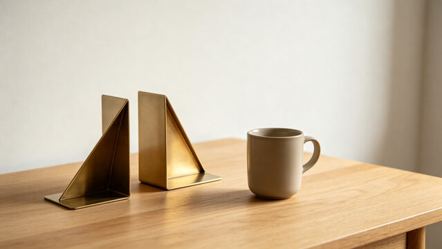 Two identical triangular bookends in row on oak desk with ceramic cup, minimalist desk organization concept