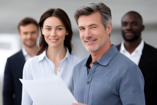 Diverse business team smiling standing together in office