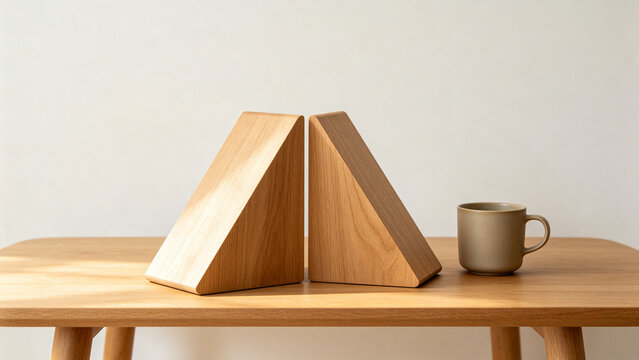 Two identical triangular bookends in row on oak desk with ceramic cup, minimalist desk organization concept
