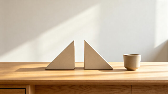 Two identical triangular bookends in row on oak desk with ceramic cup, minimalist desk organization concept