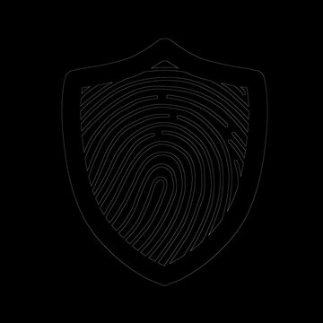 Flat vector cybersecurity icon featuring a green shield combined with a fingerprint pattern, symbolizing digital security, identity protection, privacy, authentication, data protection, and online saf