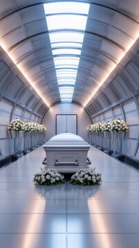 A modern and serene interior space featuring a central coffin surrounded by floral arrangements