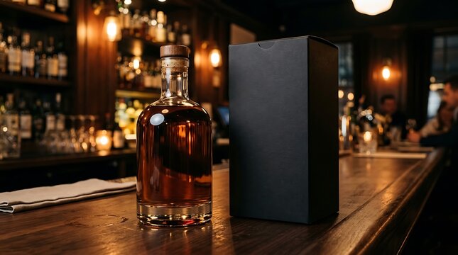 Premium whiskey bottle with black gift box on a wooden bar counter