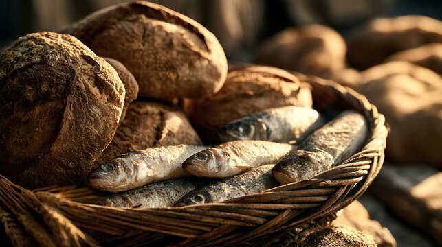 High-resolution artisanal food scene featuring a woven basket filled with rustic bread and freshly caught fish, rich detail in crust textures, flour particles and reflective fish scales, 