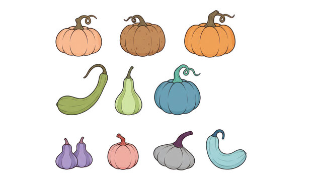 Cute pumpkin and gourd illustration set, pastel autumn harvest vegetables, hand drawn fall produce icons for seasonal design isolated PNG with Transparent Background